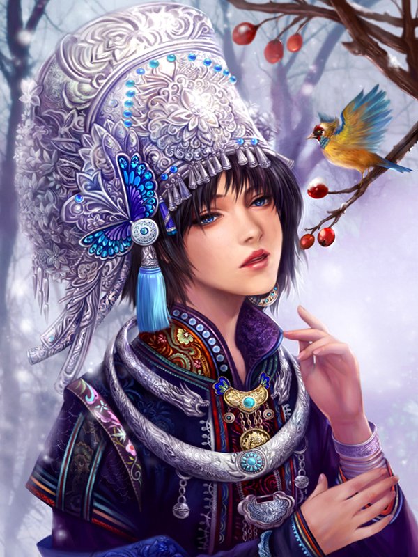 A fantastical character adorned in intricate attire, featuring vibrant colors and elaborate designs, stands amidst a serene snowy landscape, accompanied by a colorful bird.