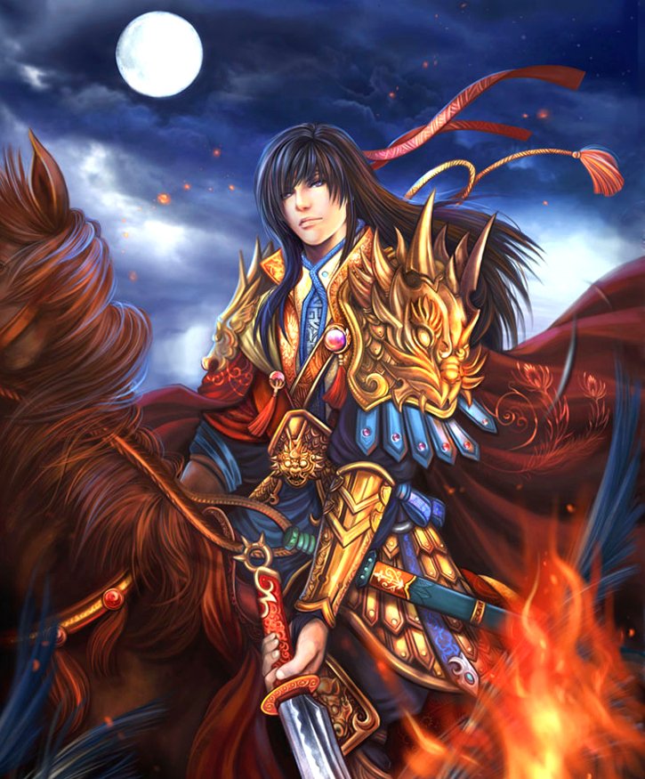 A heroic figure clad in ornate armor poses confidently on a majestic horse, with a full moon in the background and flames flickering nearby, embodying a rich fantasy atmosphere.
