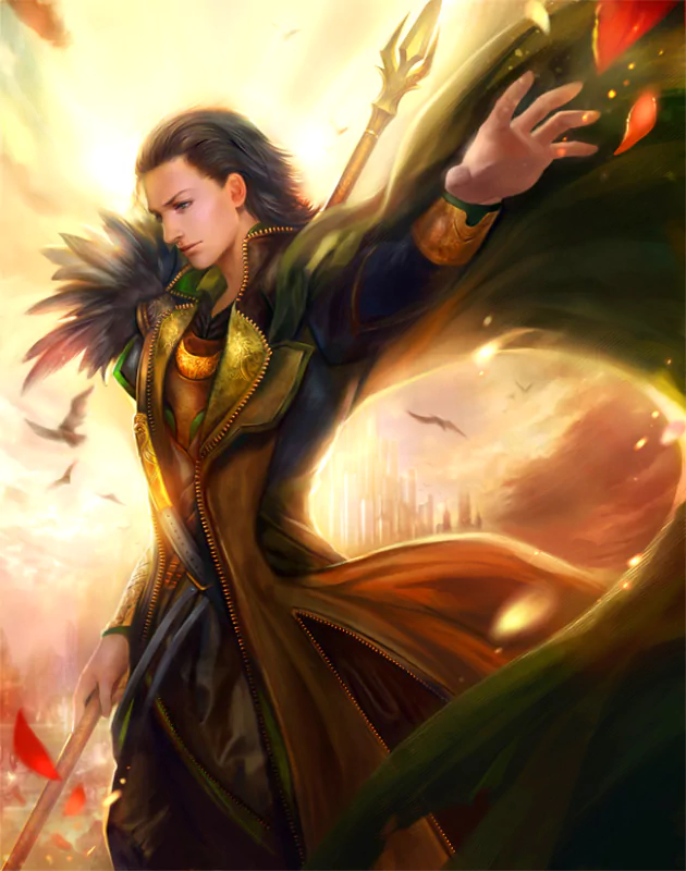 A powerful fantasy character stands poised with outstretched arms, draped in a flowing cloak adorned with vibrant colors, surrounded by a mystical golden light and falling petals.