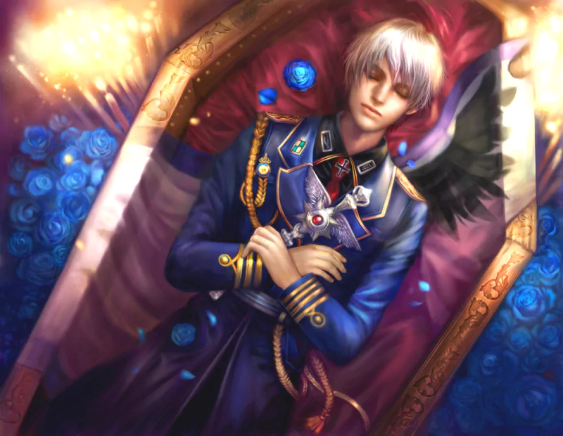 A serene figure in a royal blue uniform lies peacefully in a coffin surrounded by blue roses, embodying a fantasy theme with ethereal lighting and intricate details.