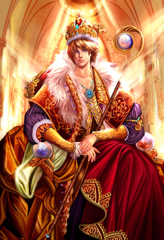 A regal figure adorned in elaborate royal attire sits on a throne, surrounded by golden light, embodying fantasy themes common in jyf art.