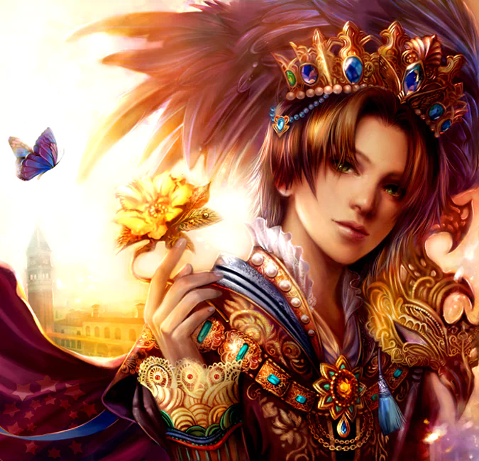 A regal figure adorned in ornate attire and a jeweled crown holds a glowing flower, surrounded by vibrant colors and a butterfly, embodying a rich fantasy atmosphere.