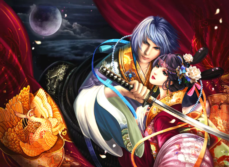 A striking fantasy scene featuring a warrior wielding a sword, embracing a beautifully adorned woman. Rich colors and a mystical backdrop enhance the enchanting atmosphere.