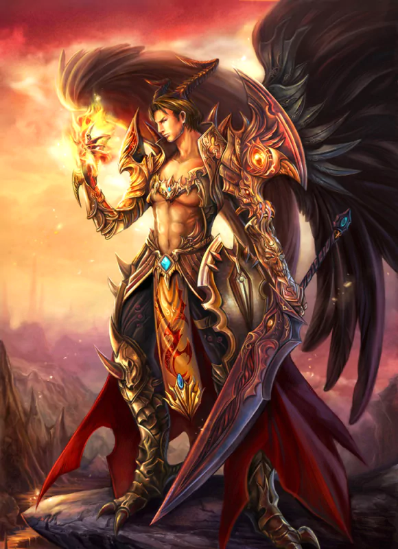 A powerful fantasy character stands majestically, adorned in ornate armor, wielding a blazing sword and flanked by dark wings, embodying strength and mystique in a vivid landscape.