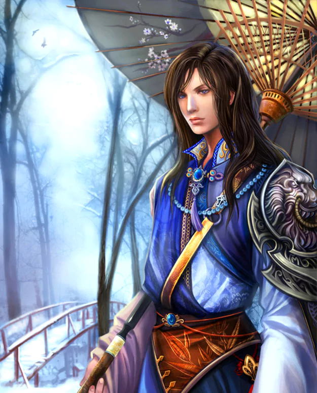 A fantasy scene features a young man with long hair, dressed in elegant attire and holding a parasol, set against a tranquil, wintry landscape with a bridge in the background.