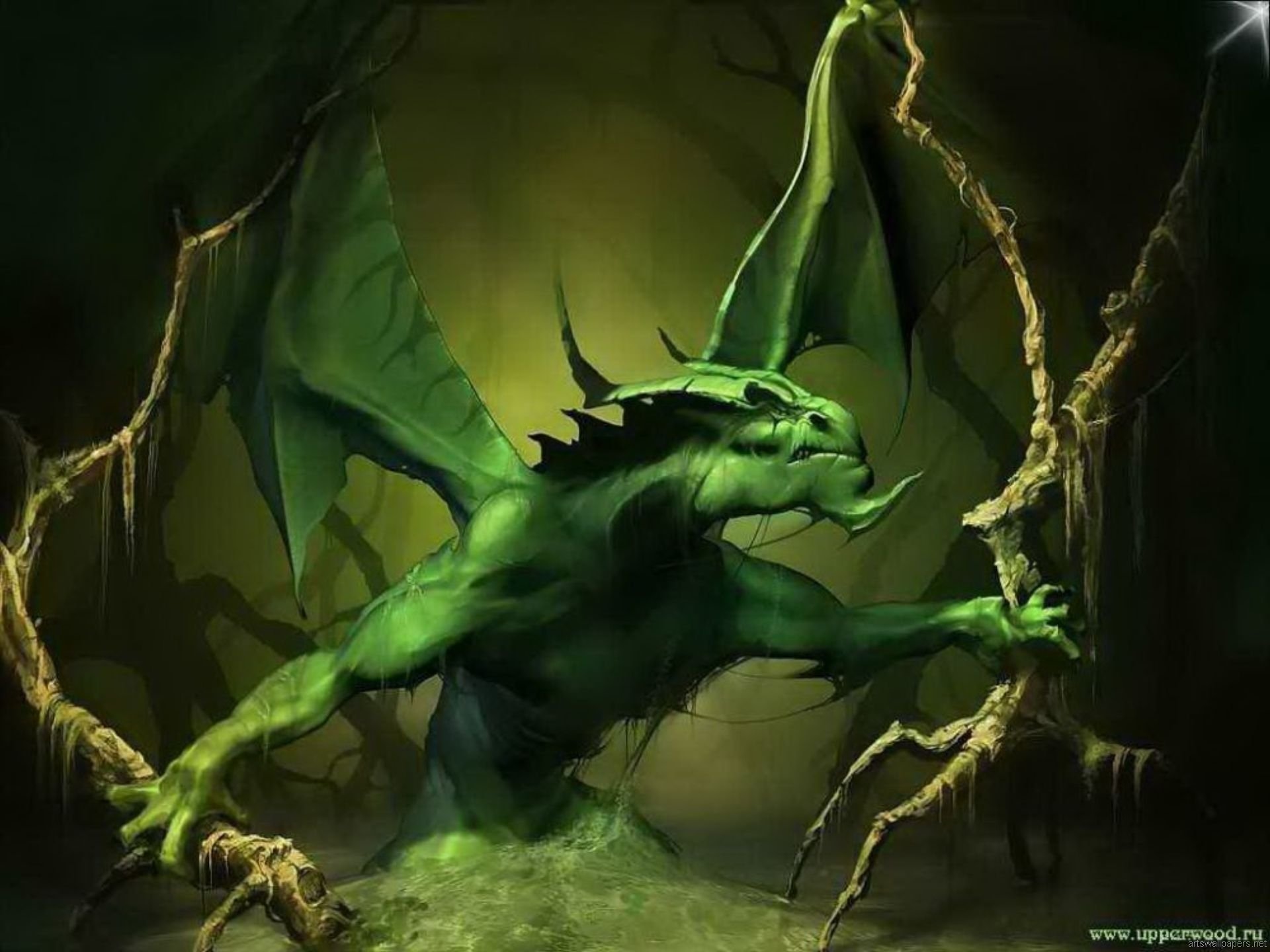 A green fantasy dragon with large wings emerges from a misty forest, clutching onto twisted branches in a dark, mystical setting.