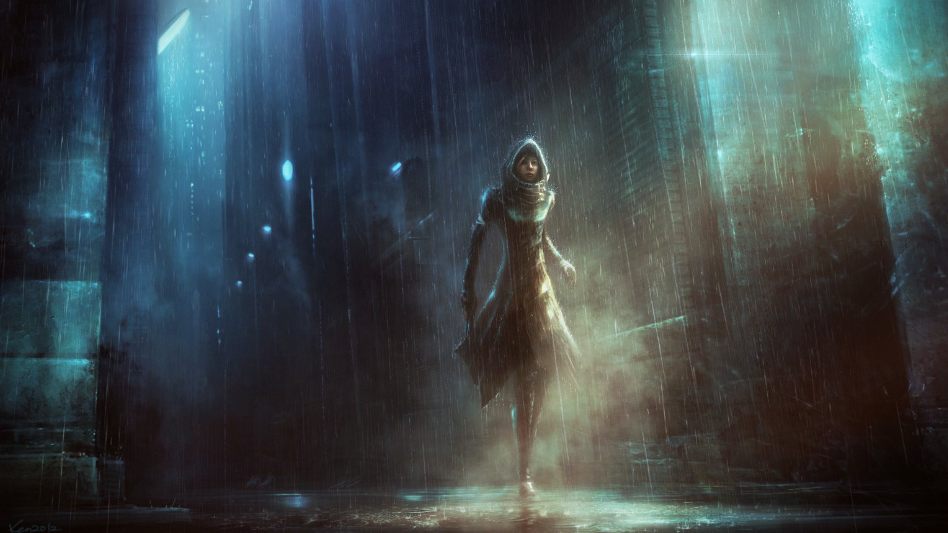 A fantasy scene features a woman cloaked in shadows, walking through a misty, rain-soaked alley illuminated by soft, ethereal light.