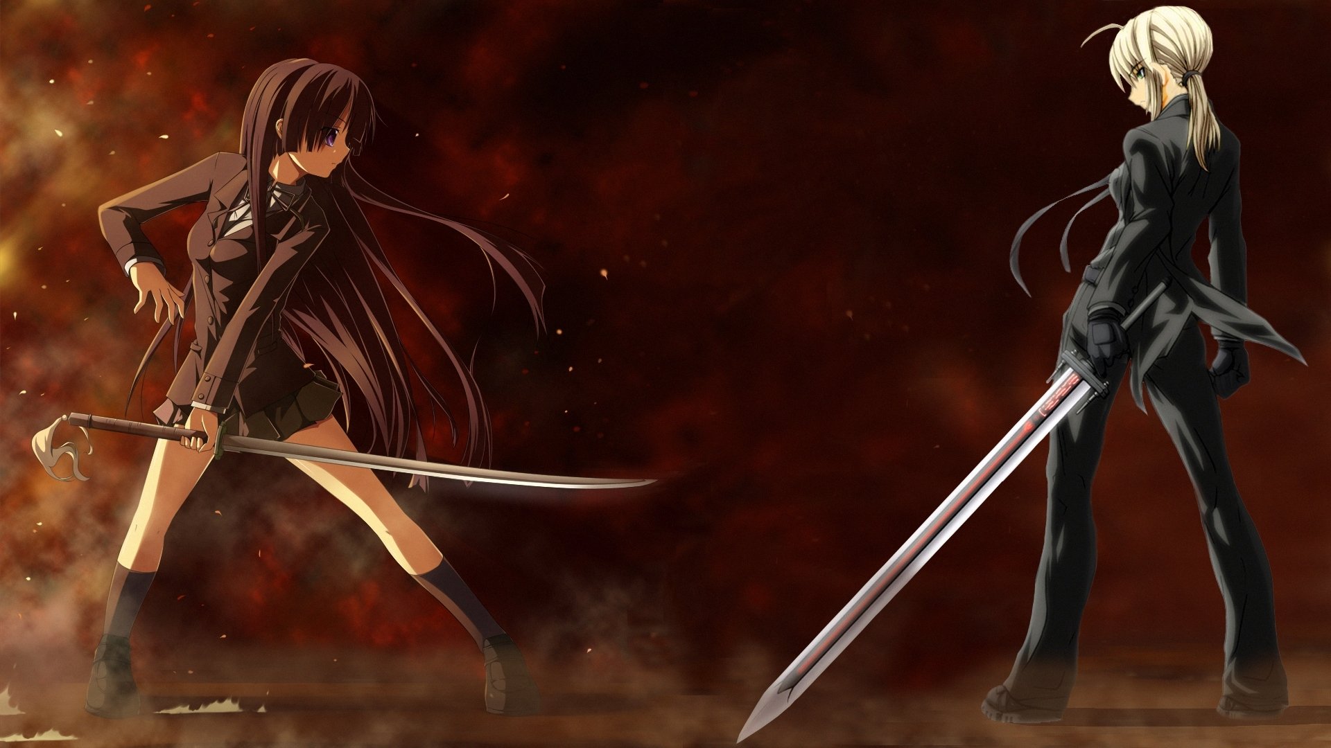 Fate/Stay Night anime: two swordfighters confront each other amid smoke and embers — one with long dark hair, the other blonde, both standing poised with drawn swords.