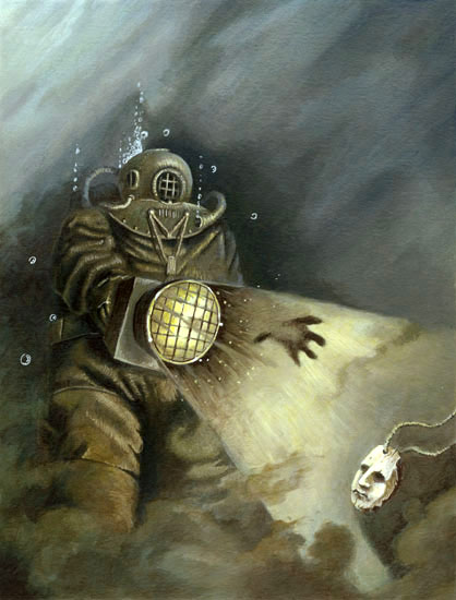 Artistic painting of a vintage deep-sea diver in a brass helmet shining a large flashlight whose beam forms a ghostly hand; a small skull on a chain floats nearby.