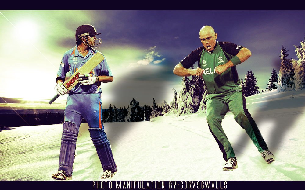 Two cricket players in full gear face off on a snowy field under a dramatic sky, blending the sport of cricket with an unusual winter landscape.