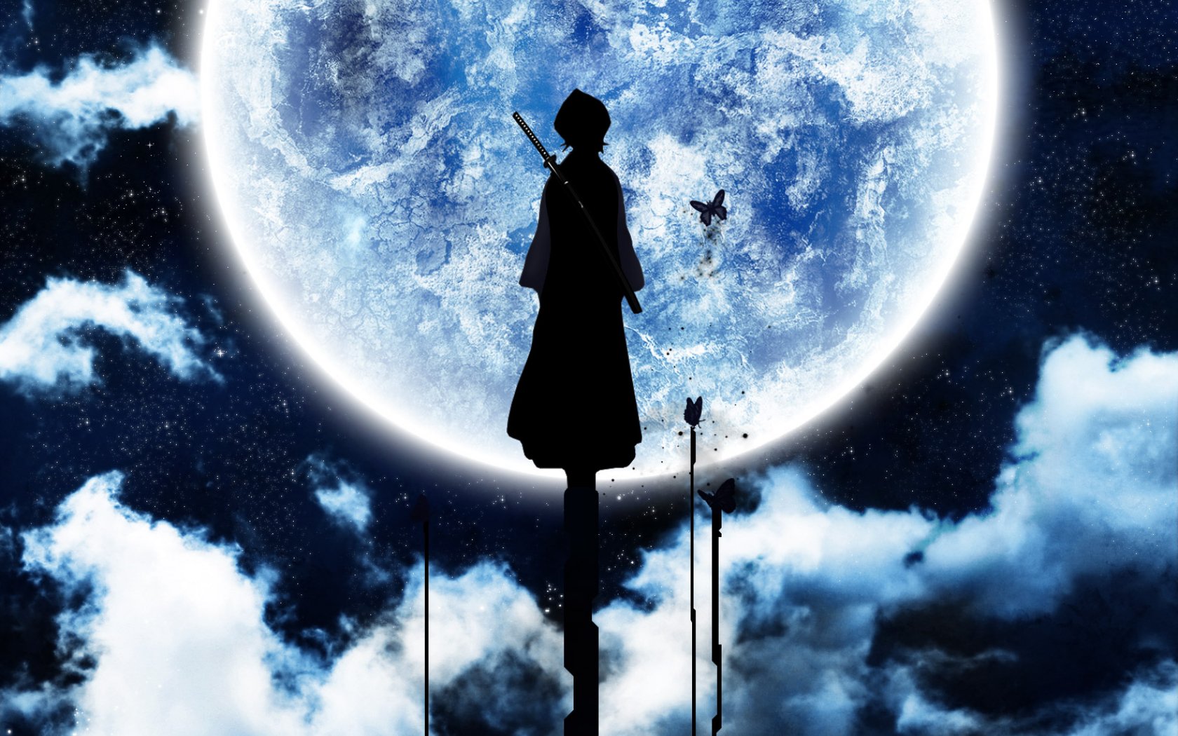 A silhouette of a character stands on a pillar under a glowing moon, surrounded by clouds, blending themes from The Lord of the Rings and the anime Bleach in this striking artwork.