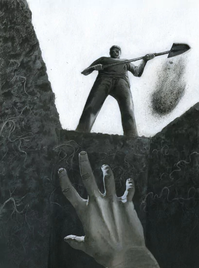 A hand reaching up from a dark grave in a cemetery while a person above, alive, shovels earth into the grave.