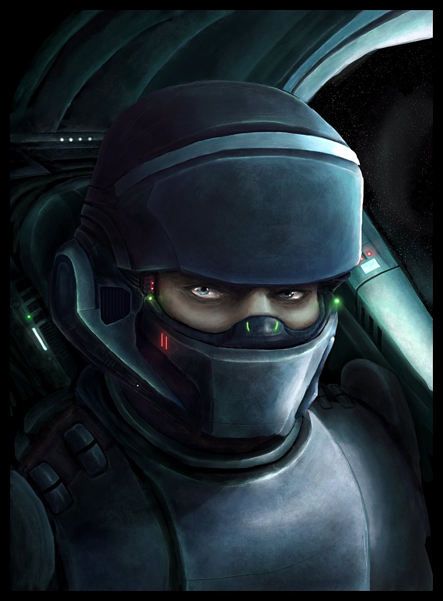 A close-up of a sci-fi astronaut wearing a detailed spacesuit and helmet inside a space vessel, with a view of outer space through the window behind.