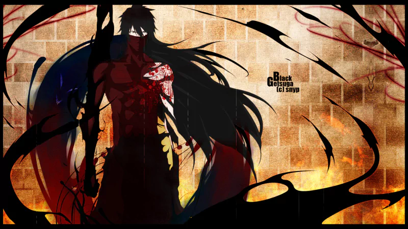 A dramatic anime-inspired image featuring a shadowy figure with long hair amidst a fiery background, capturing the intense atmosphere of *Bleach*.