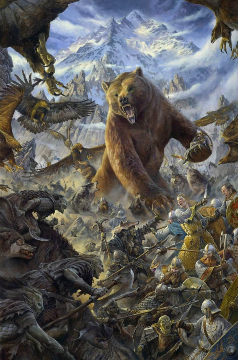 A fierce battle scene unfolds in a fantasy realm, featuring a colossal bear roaring amidst warriors and mythical creatures, set against a backdrop of towering mountains.