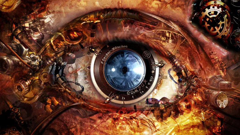 An intricate steampunk eye design, featuring detailed mechanical elements and vibrant textures, captures the essence of sci-fi aesthetics in a mesmerizing visual spectacle.