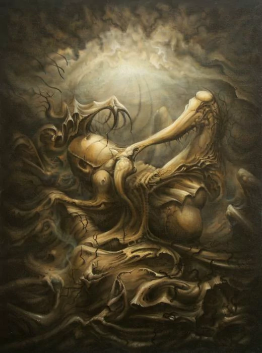 A dark fantasy painting depicting an alien creature intertwined with roots and strange forms, emanating an otherworldly vibe. The artwork features intricate details and an ethereal light.