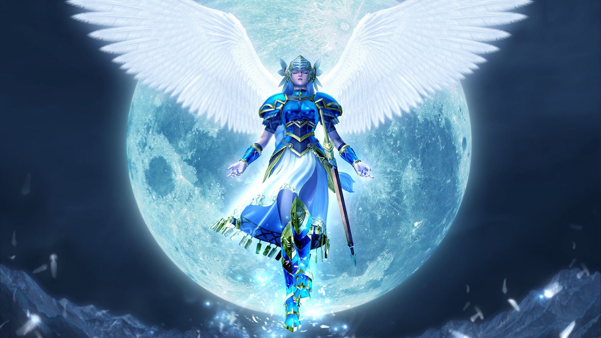 Valkyrie Profile angel warrior in blue armor hovers with glowing wings before a full moon, sword poised in a dramatic video game scene.
