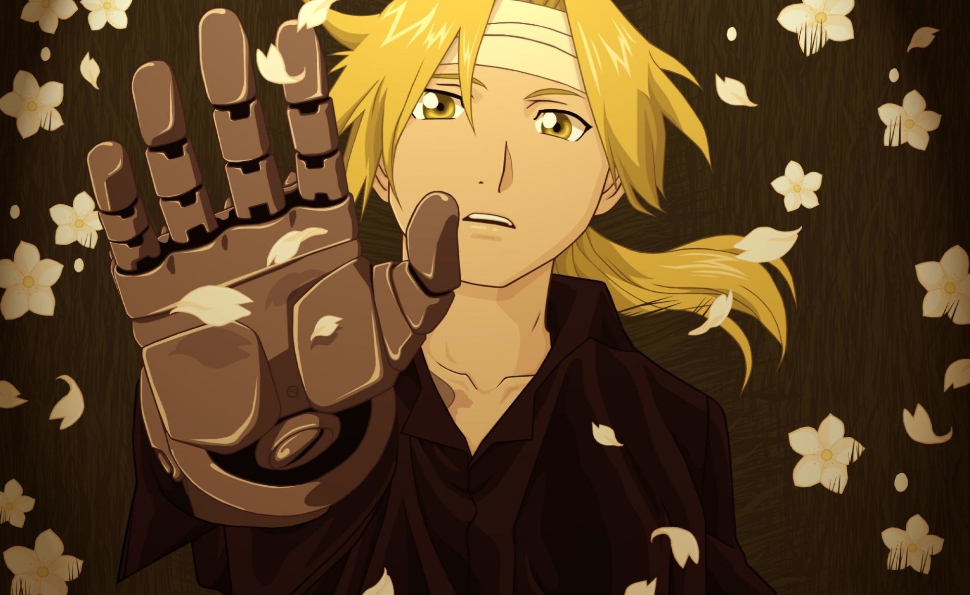 Fullmetal Alchemist anime: Edward Elric reaches out with his automail hand, blond hair and headband, cherry petals drifting around him.