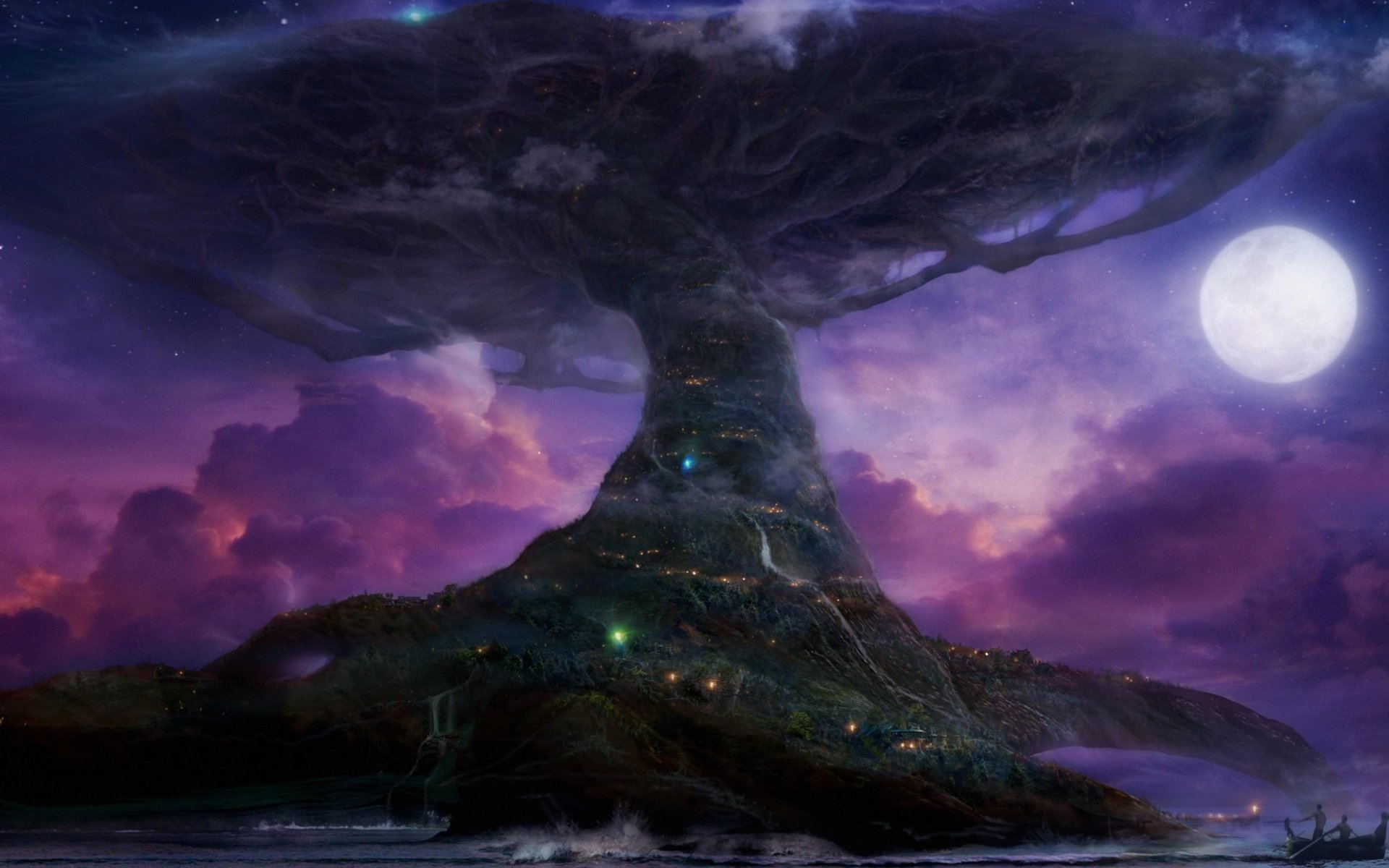 A mystical landscape featuring a gigantic, tree-like structure under a luminous moon, surrounded by swirling clouds and illuminated by tiny lights, embodying a vibrant fantasy world.