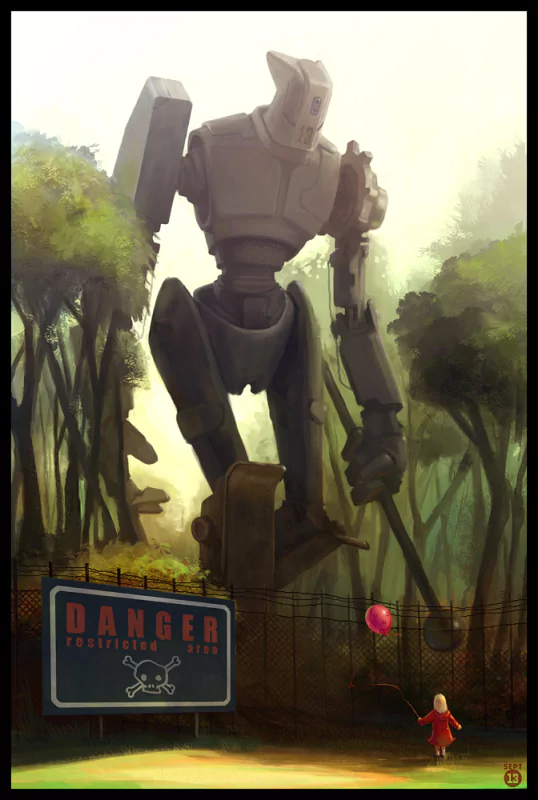 A large sci-fi robot stands behind a fence marked Danger while a child in a red dress holds a pink balloon near the warning, blending themes of anarchy and innocence.