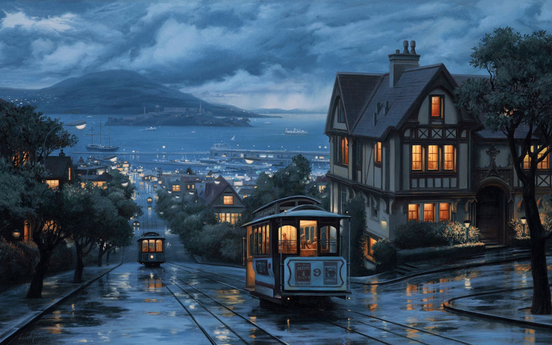 An artistic depiction of a rainy evening in a coastal town, featuring illuminated streetcars and charming houses along wet streets.