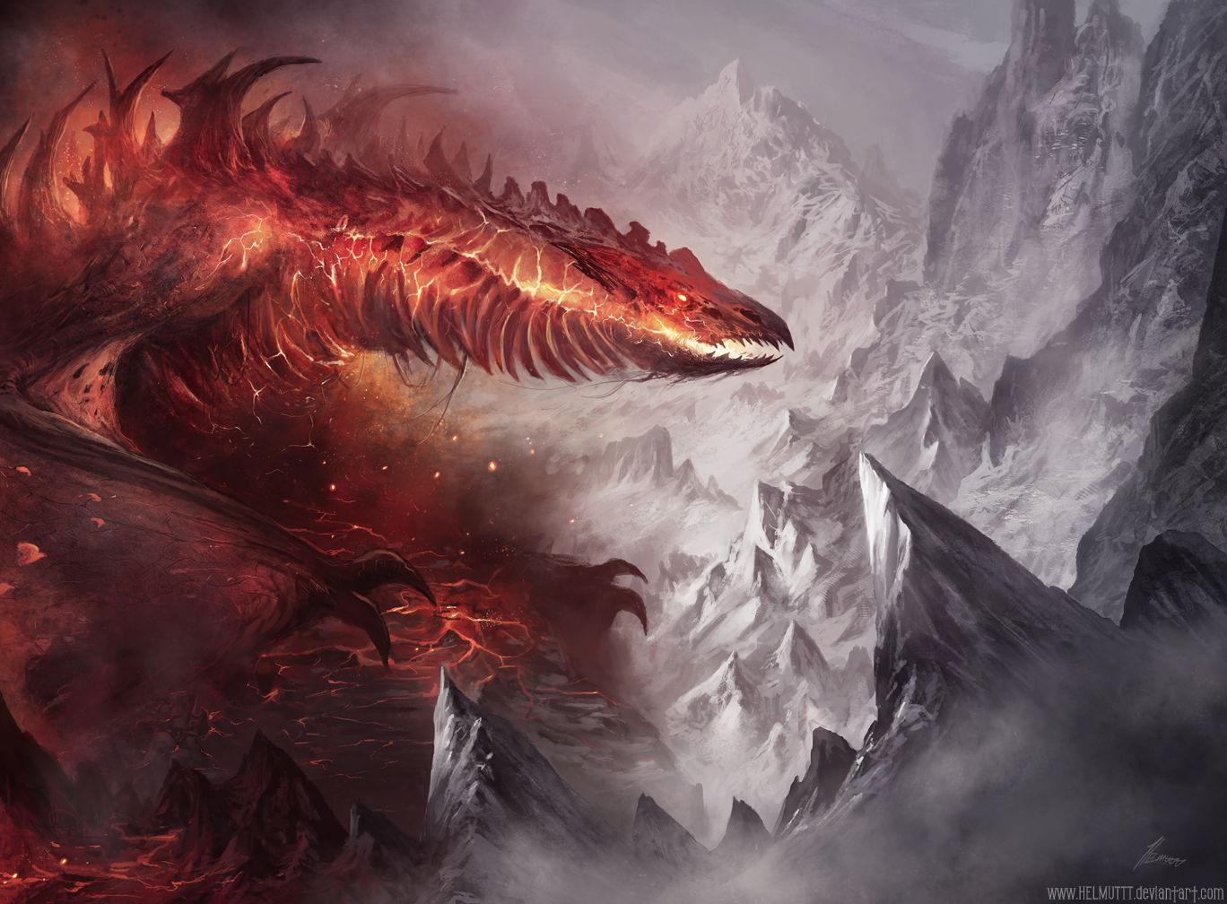 A fiery red dragon with glowing embers coils fiercely amidst jagged, snow-covered mountains in a dramatic fantasy landscape.