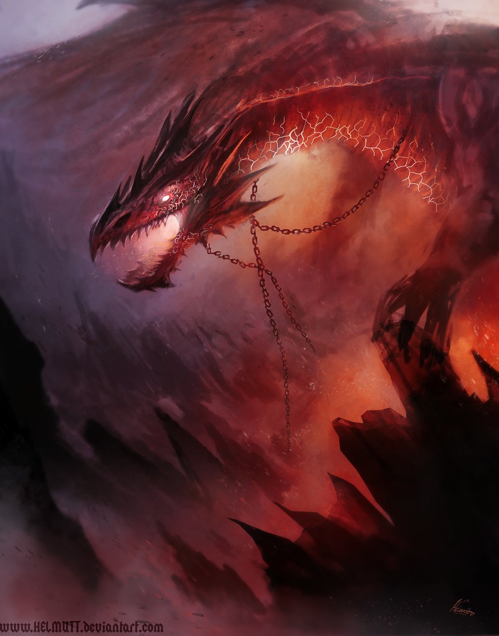 A fierce fantasy dragon with glowing red eyes and cracked, molten skin, chained and roaring amidst a fiery, smoky landscape.