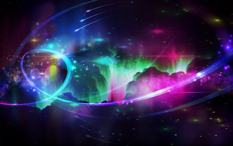 Artistic sci-fi scene: neon auroras and glowing ribbons arch over a multicolored nebula, with streaking comets and sparkling stars.