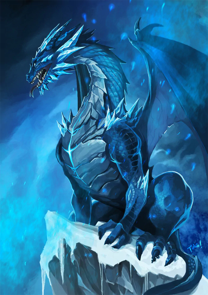 A majestic blue dragon perches on an icy cliff, its scales shimmering with icy hues against a mystical backdrop, embodying the essence of fantasy.