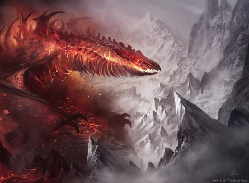 A fiery red dragon with glowing embers coils fiercely amidst jagged, snow-covered mountains in a dramatic fantasy landscape.