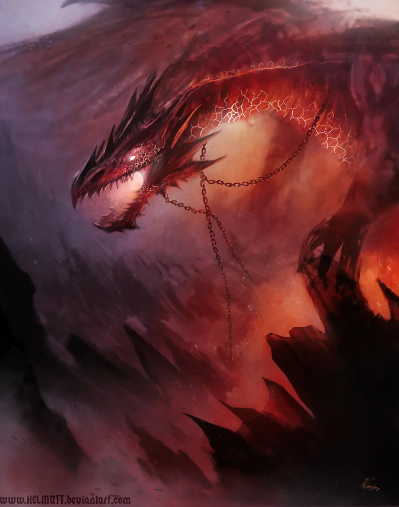 A fierce fantasy dragon with glowing red eyes and cracked, molten skin, chained and roaring amidst a fiery, smoky landscape.