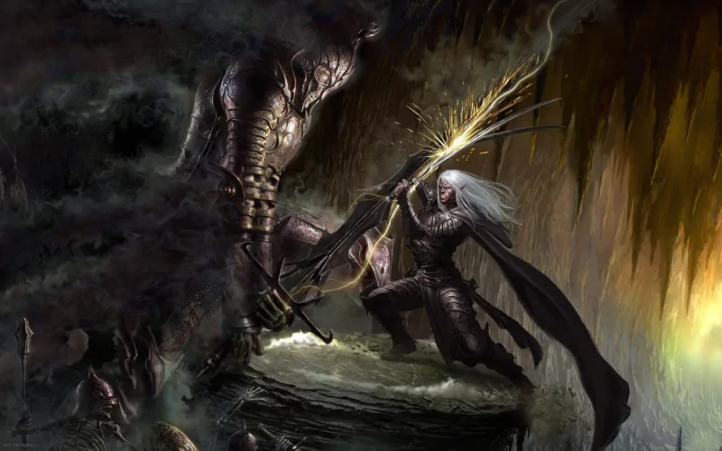 A fantasy warrior in dark armor clashes in battle with a towering shadowy foe on stormy cliffs, wielding a glowing spear as swirling magic and lightning crash around them.