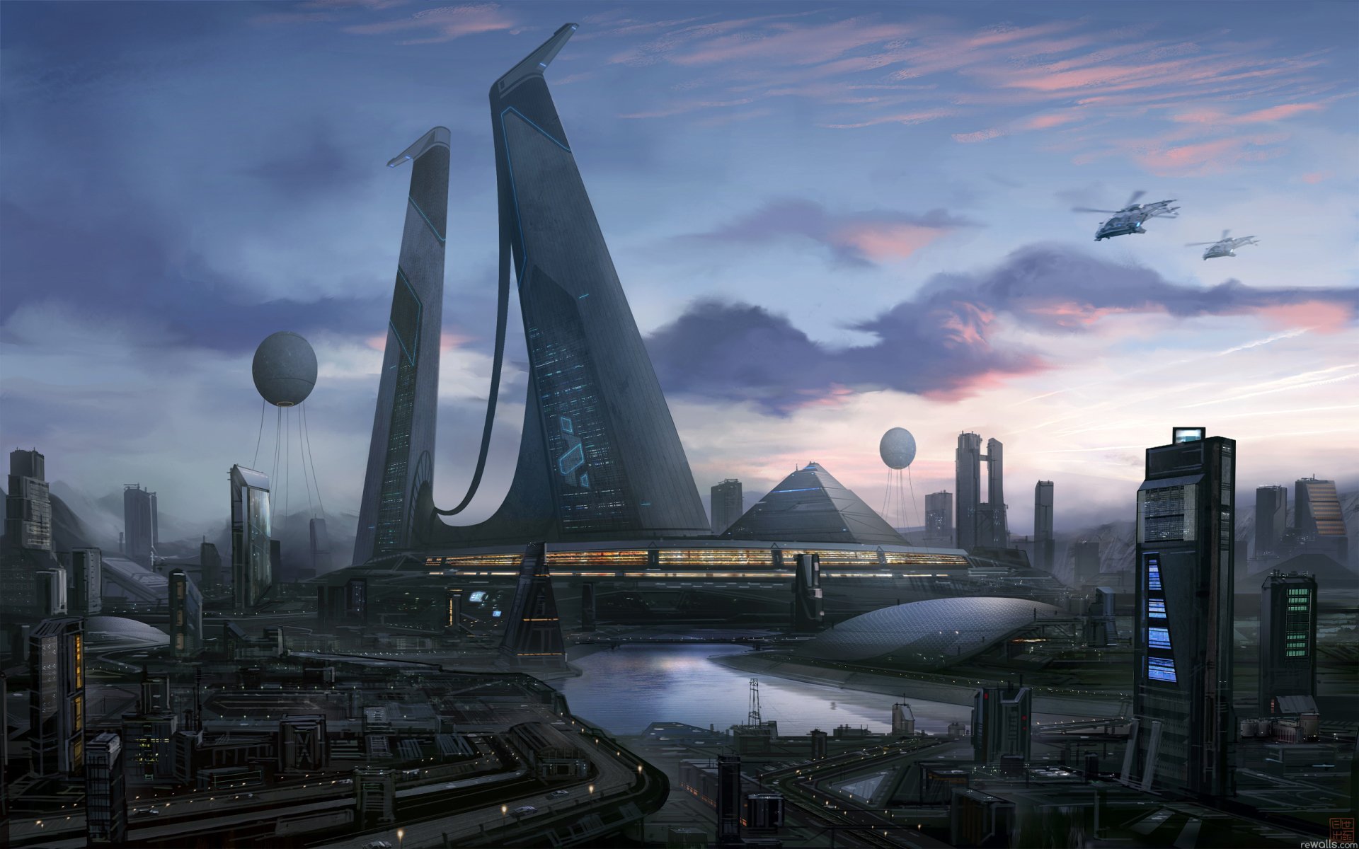 Sci Fi city at dusk: twin spires, hovering drones, domes and waterways framed by sleek towers and industrial lower districts — a dramatic sci fi cityscape.