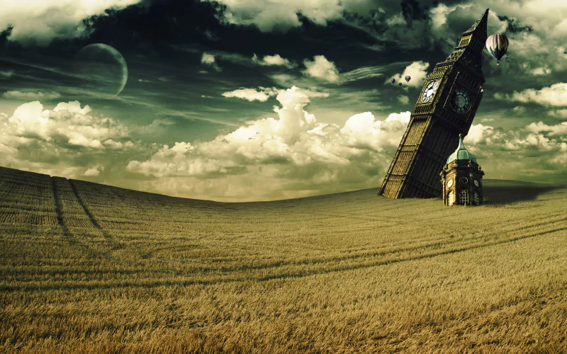 A surreal landscape featuring a tilted clock tower amidst rolling golden fields and dramatic clouds, showcasing an artistic blend of photography and manipulation.