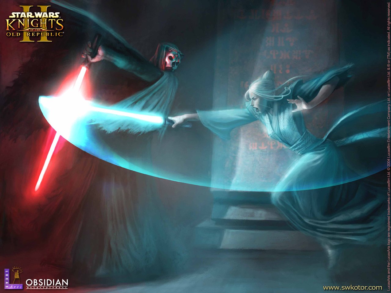 A dynamic sci-fi Star Wars scene from Knights of the Old Republic II, showing a blue lightsaber clash between two cloaked figures in a dark, misty environment.
