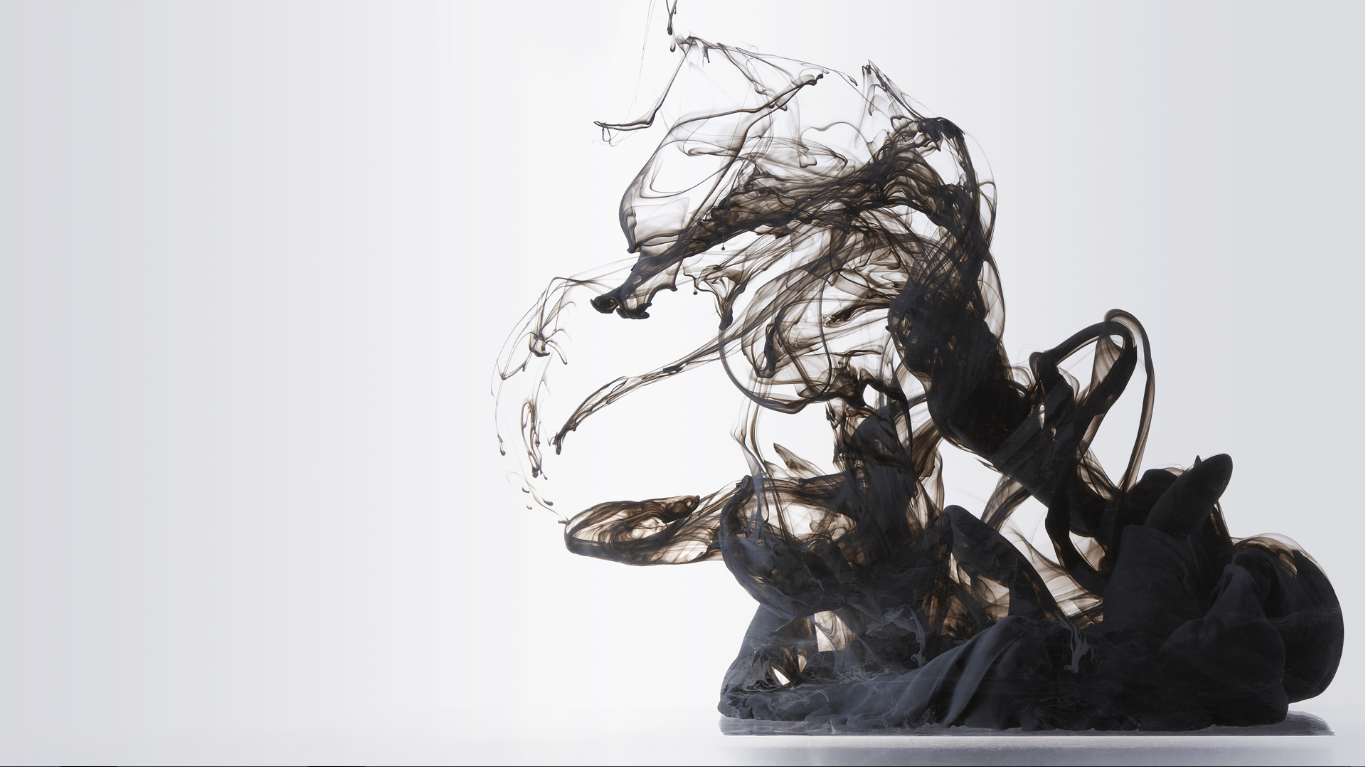 Abstract diffusion of black ink in water, twisting into smoky tendrils and drifting plumes against a pale background.