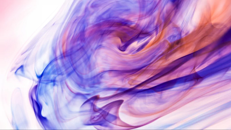 Abstract diffusion of swirling purple, blue, and orange smoke-like wisps flowing across a soft pale background.
