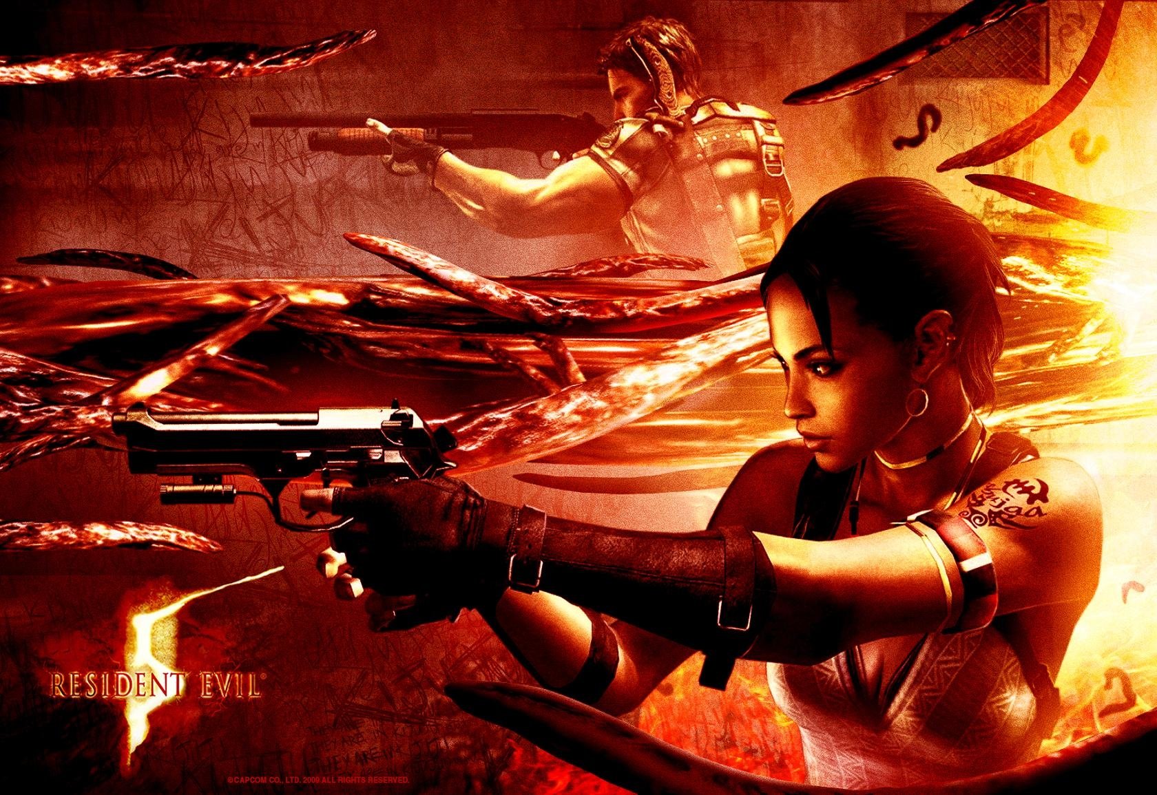 Resident Evil video game art: two armed characters aim pistols amid swirling fleshy tendrils and intense red-orange lighting.