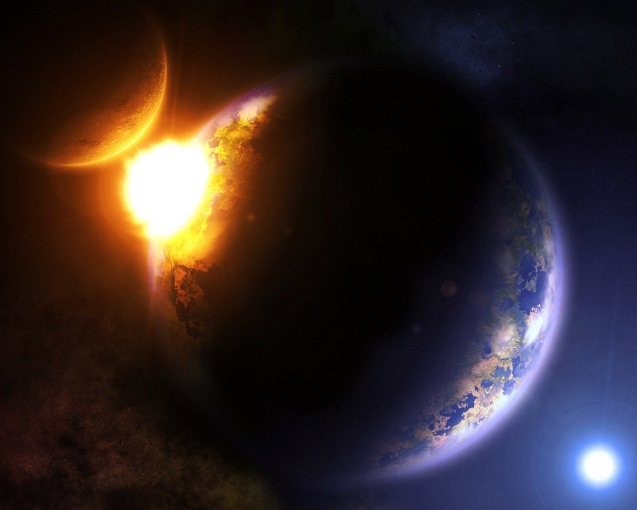 Sci-fi scene: a glowing moon colliding with an Earth-like planet, producing a fiery impact, debris and a bright stellar flare.