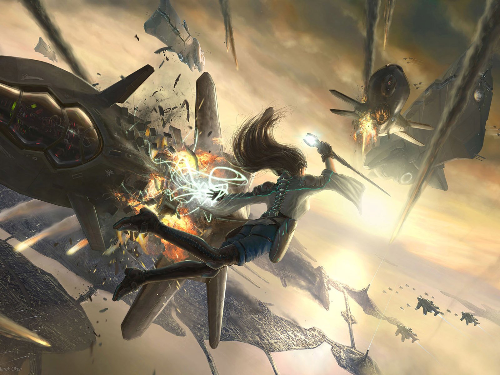 Sci-fi woman warrior vaults between exploding starships, striking with a crackling energy blade as fighter craft dogfight across a storm-lit sky.