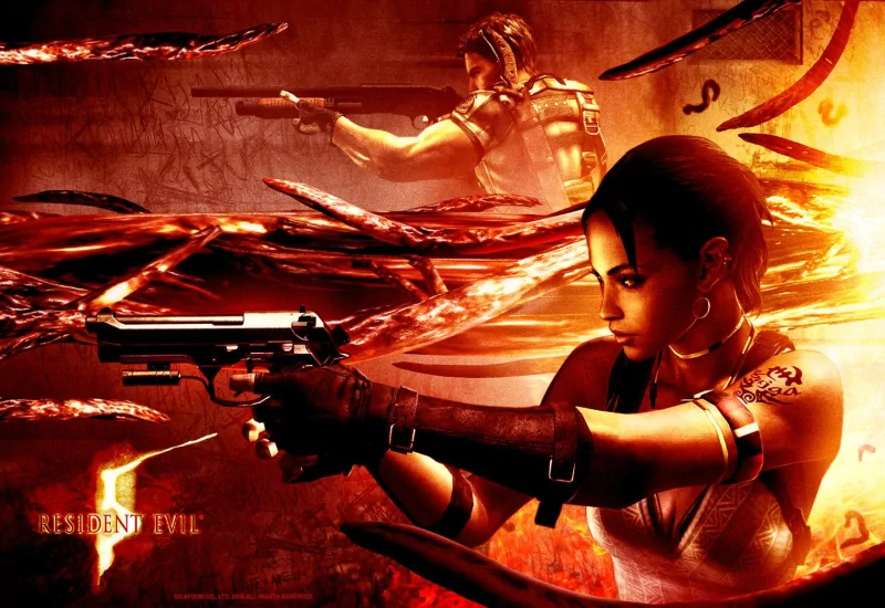 Resident Evil video game art: two armed characters aim pistols amid swirling fleshy tendrils and intense red-orange lighting.