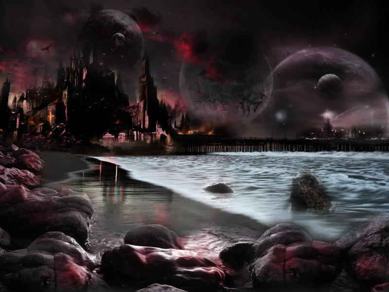 A gothic fantasy scene featuring a dark beach at night, with water lapping against rocky shorelines, illuminated by the glow of a distant city and two celestial bodies in the sky.