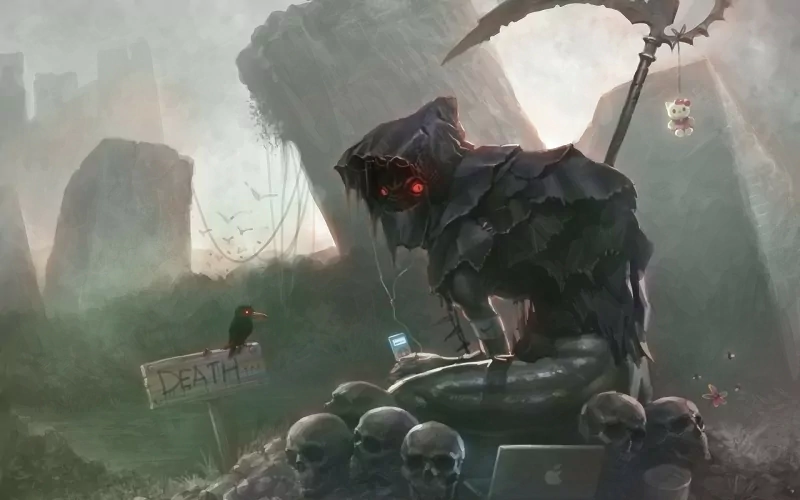 A dark interpretation of the Grim Reaper sits among skulls in a grim landscape, using a phone amidst a backdrop of decay and a sign reading DEATH.