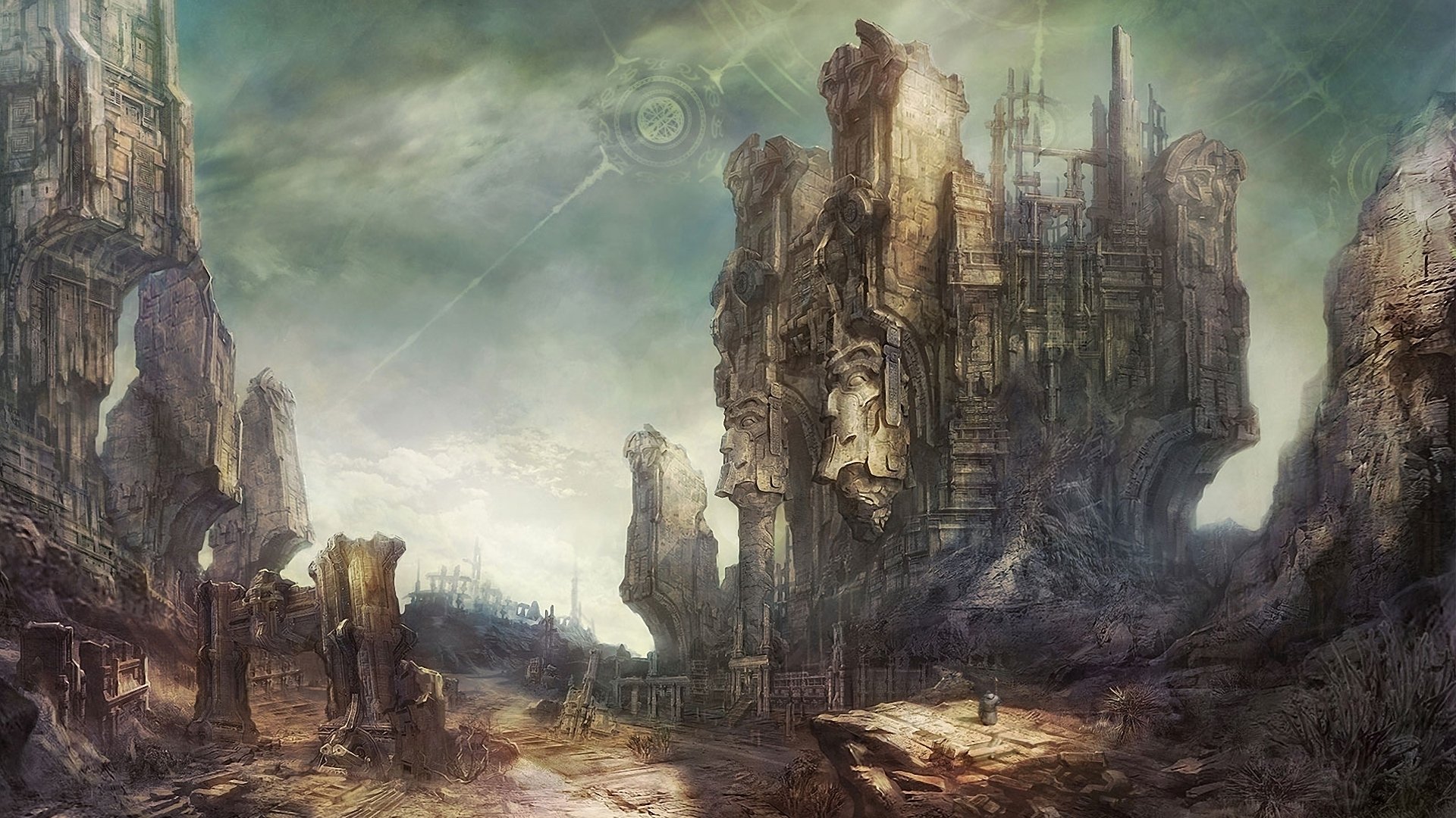 Desolate fantasy landscape from the video game Tera with towering ruined rock castles, jagged spires, a dusty winding path and a stormy green-gray sky.