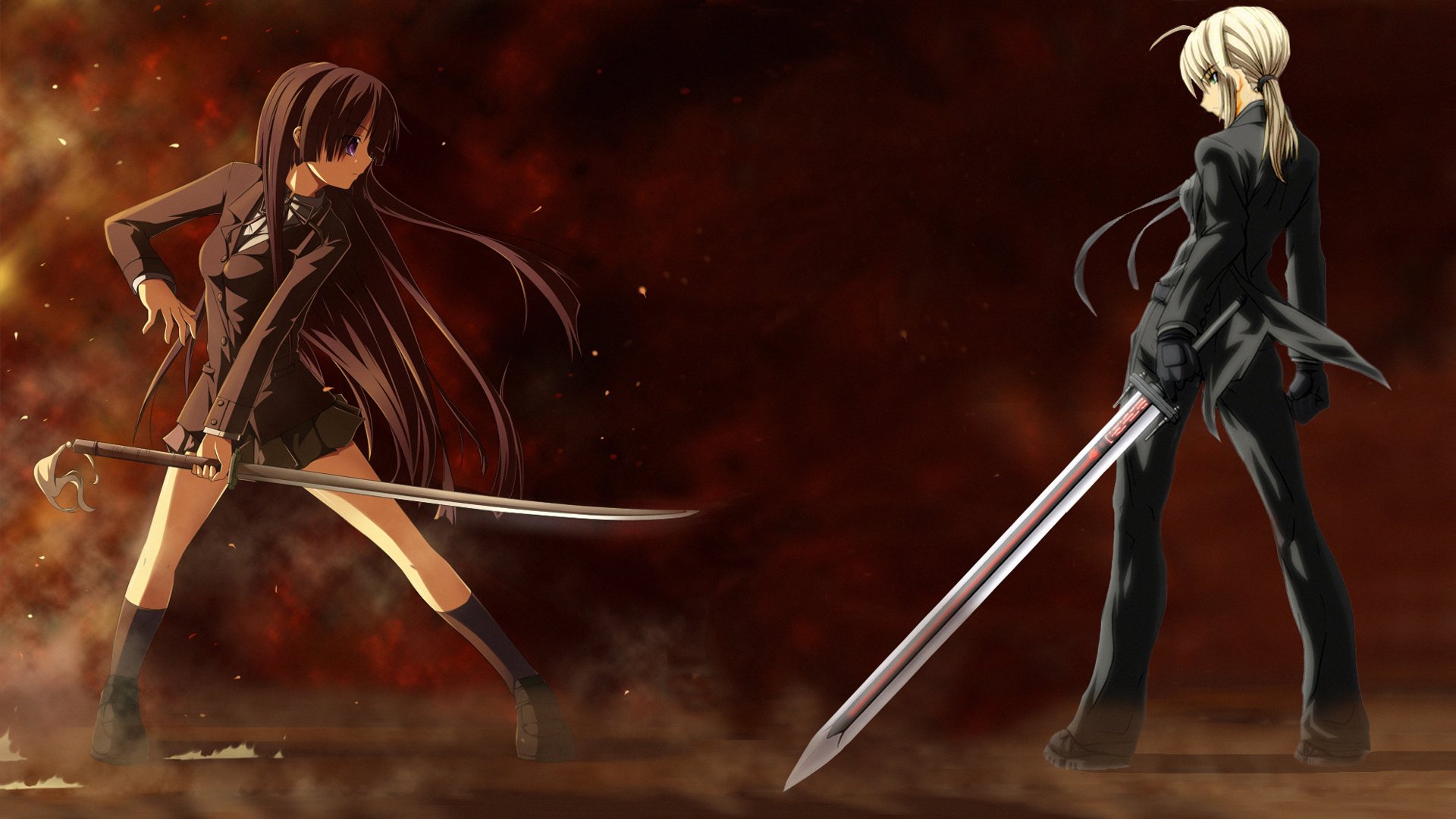 Anime scene from Fate/Stay Night showing two characters facing off with swords against a dark, smoky background.