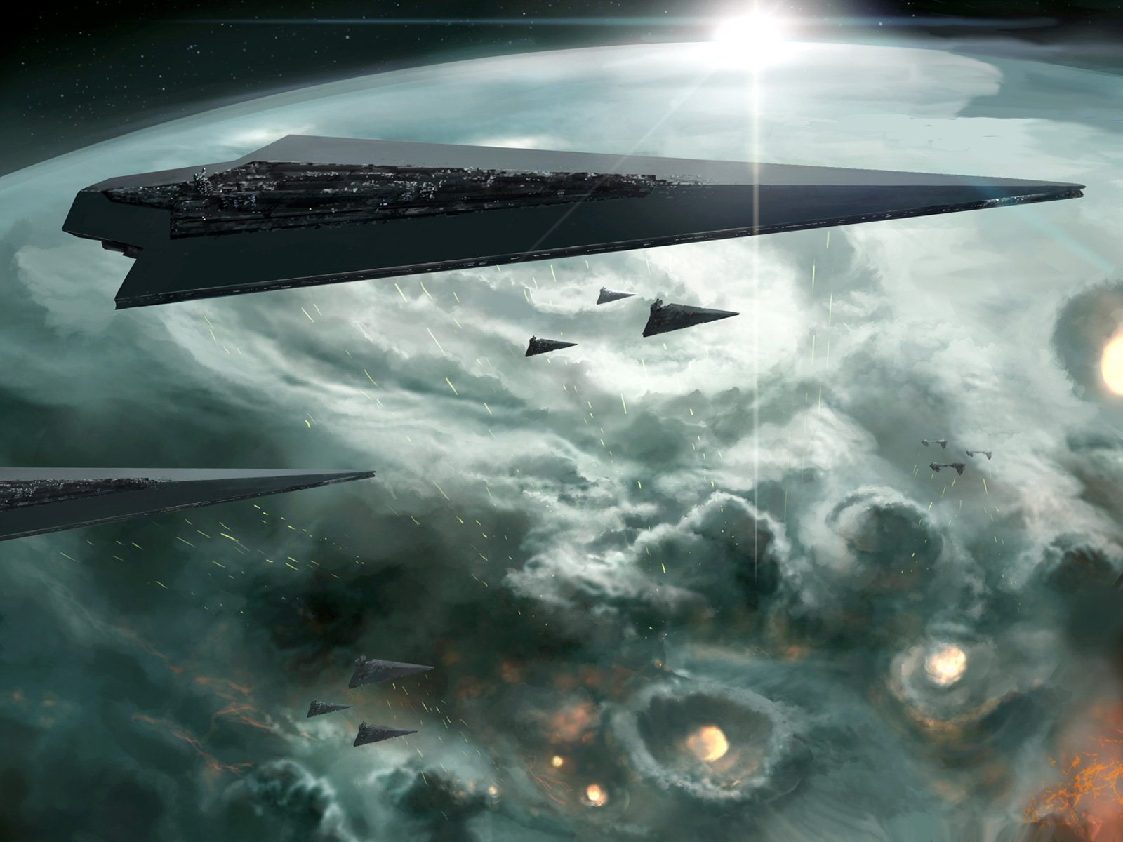 A fleet of Star Wars Star Destroyers hovers ominously above a swirling, stormy planet under a bright sun.