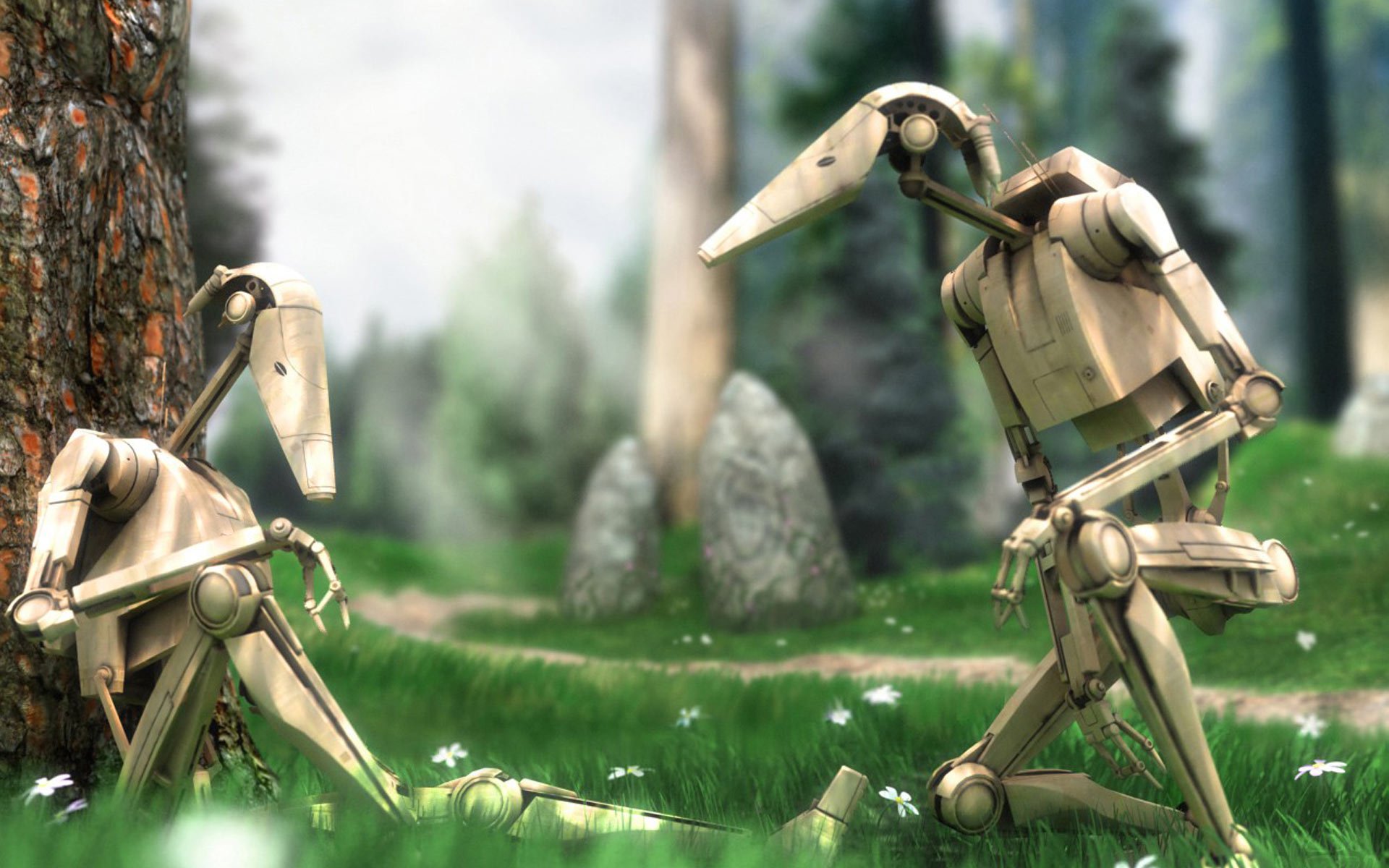 Two Star Wars Battle Droids stand on a grassy forest floor with trees and rocks in the background, captured in a movie scene.