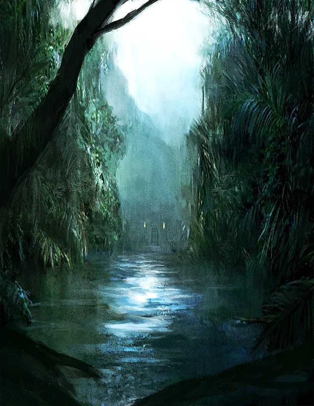 A mystical fantasy forest with dense, dark greenery surrounding a calm, reflective river under a glowing, ethereal light.