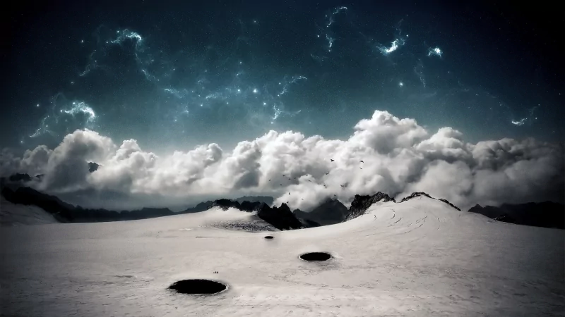 A digitally manipulated landscape features a snowy terrain with dark circular voids, under a dramatic sky filled with clouds and cosmic elements, creating a surreal atmosphere.